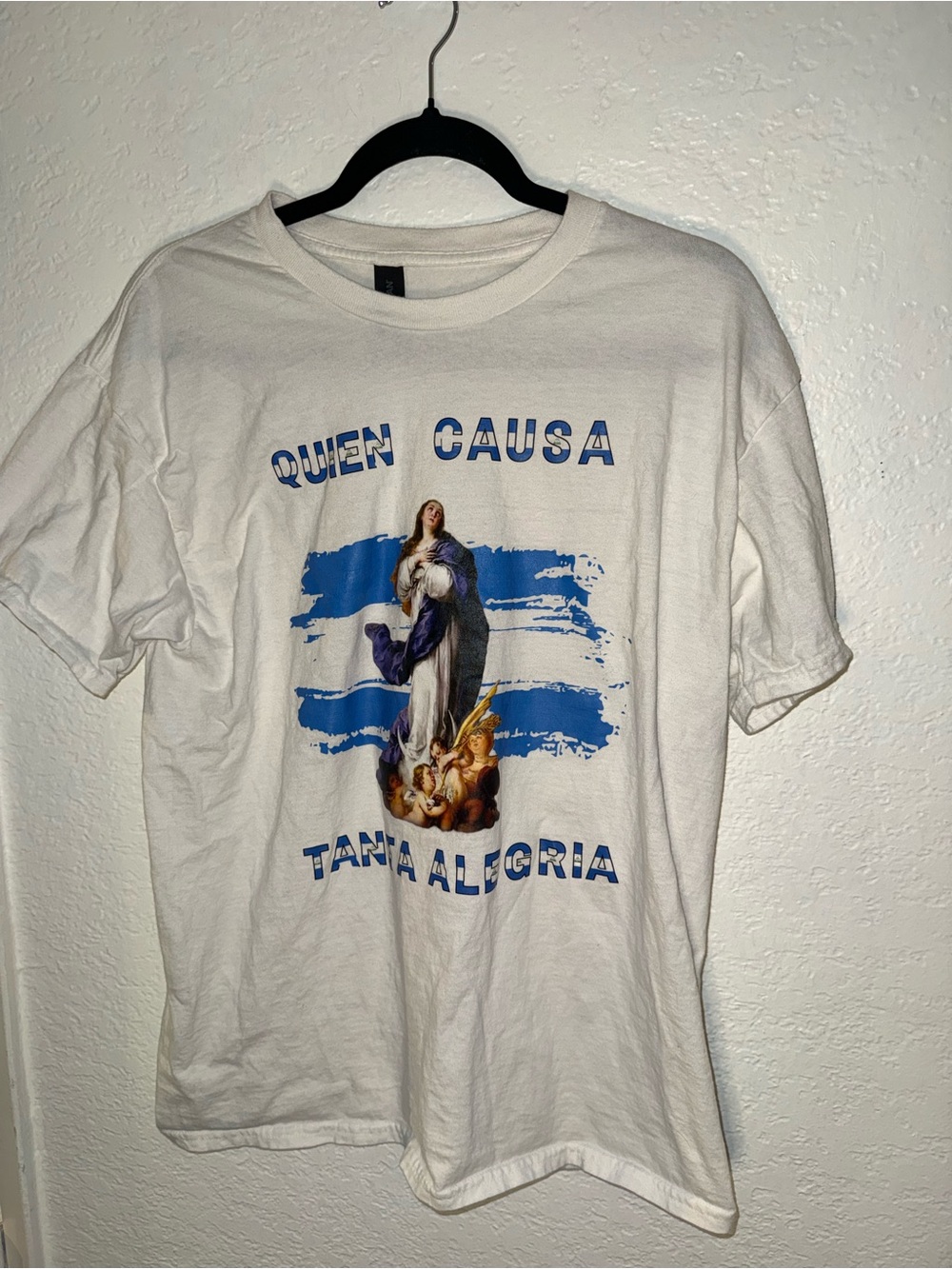 Gildan White Short Sleeve Tee with Blue Religious Graphic